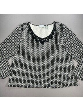 Liz Claiborne Blouse Womens 3X Black Geometric Lace Neck Tunic Top Long Sleeve